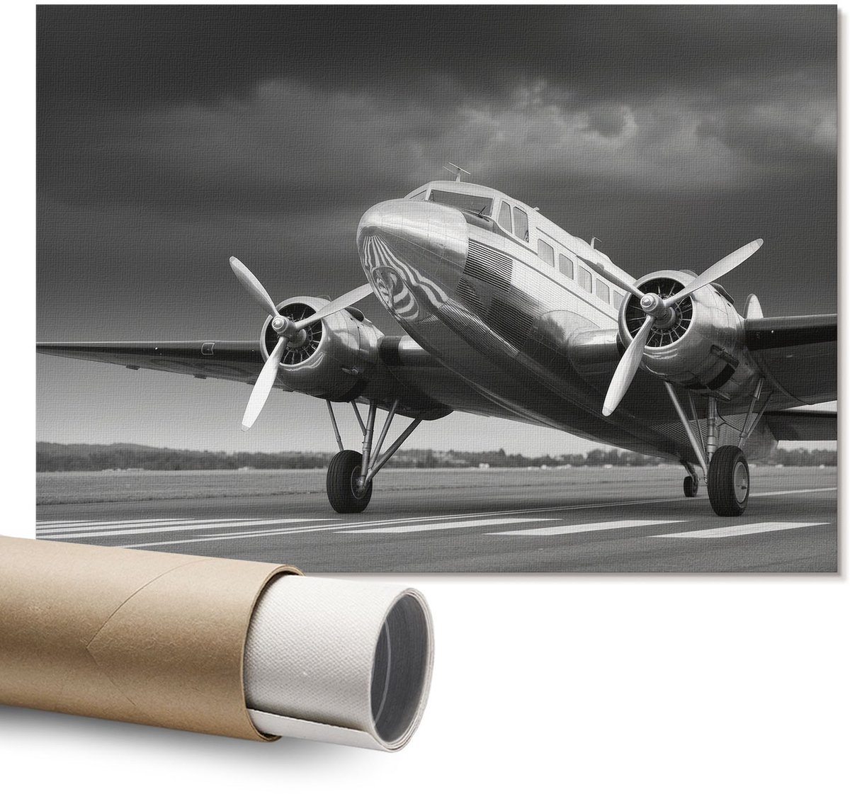 Coloray Polycanvas Wandposter – Klassiek Vliegtuig, Zwart-Wit – A1 – Grijs Motief – Rechthoek – Canvas Wandposter – Slaapkamer – Modern
