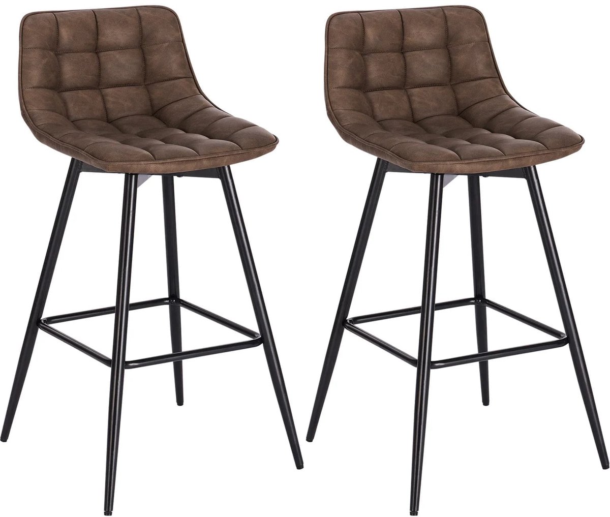 Klarven® Barkrukken set van 2 Leer bruin - Met ergonomische rugleuning - Kunstleer zit, stevig metalen frame, antislip poten - Zithoogte 64 cm, totaalhoogte 88 cm
