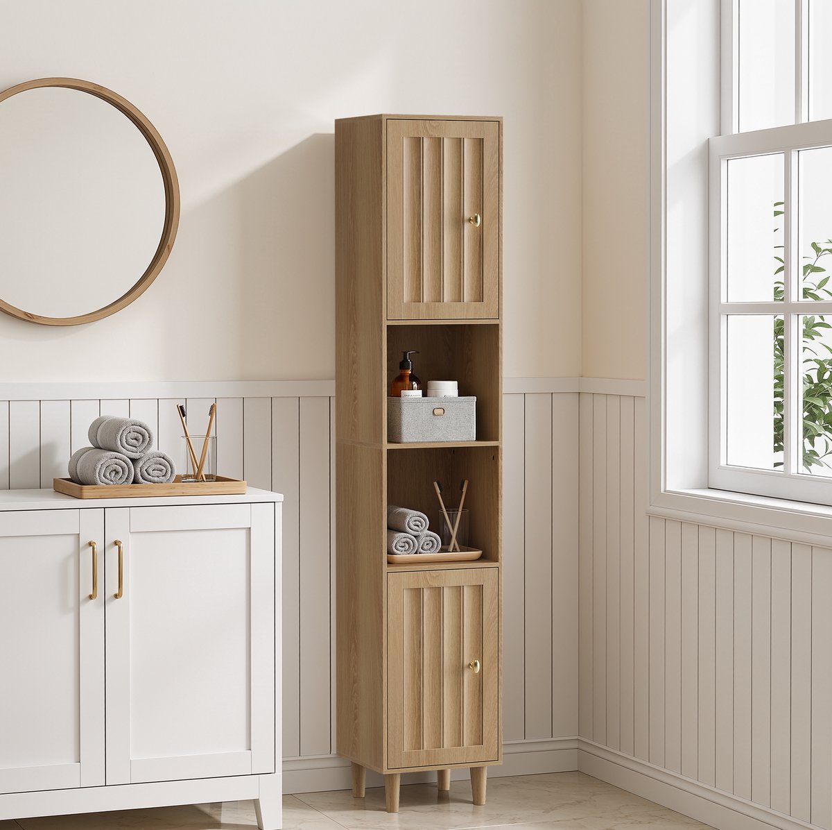 MODFU - Hoge Kast - Badkamerkast - Vrijstaand - Eikenlook - MDF - Open Vakken