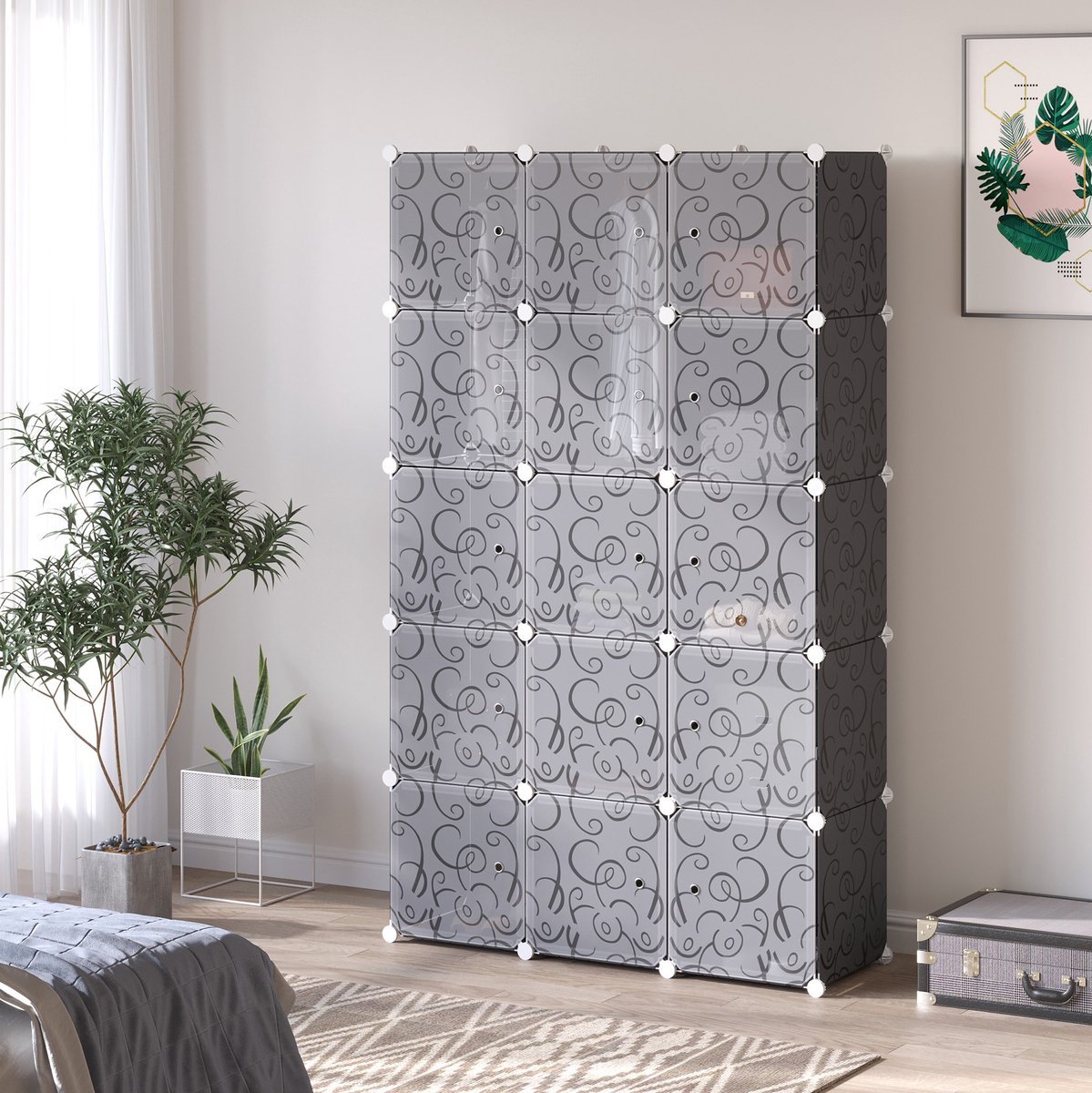 REDOM - Kledingkast - DIY regalsysteem met 2 kledingstangen - Modulair opbergsysteem met 11 vakken - Kunststof - Zwart - 111 x 47 x 183 cm