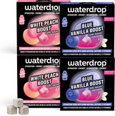 Vier waterdrop-doosjes, twee 'White Peach Boost' en twee 'Blue Vanilla Boost', met waterdrop-blokjes.