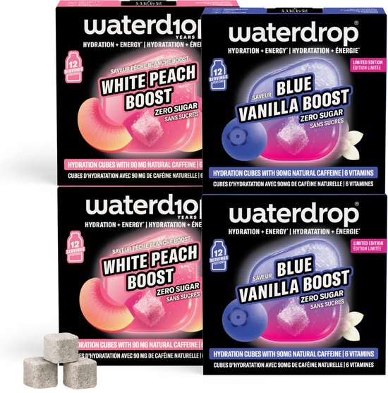 Quatre boîtes waterdrop, deux 'White Peach Boost' et deux 'Blue Vanilla Boost', avec des cubes waterdrop.