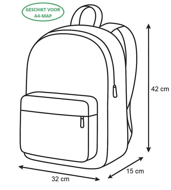Schematische tekening van een rugzak met afmetingen: 42 cm hoog, 32 cm breed, 15 cm diep. 'Geschikt voor A4-map'.