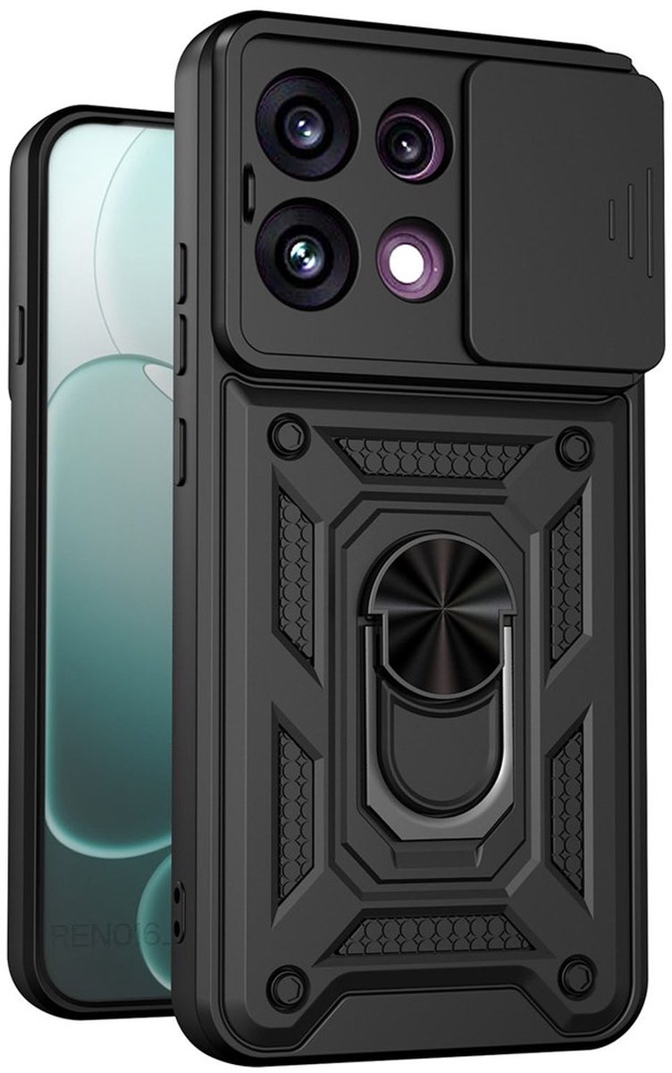 MobyDefend Hoesje - Geschikt voor Oppo Reno16 F/FS - Pantsercase Met Draaibare Ring - Zwart
