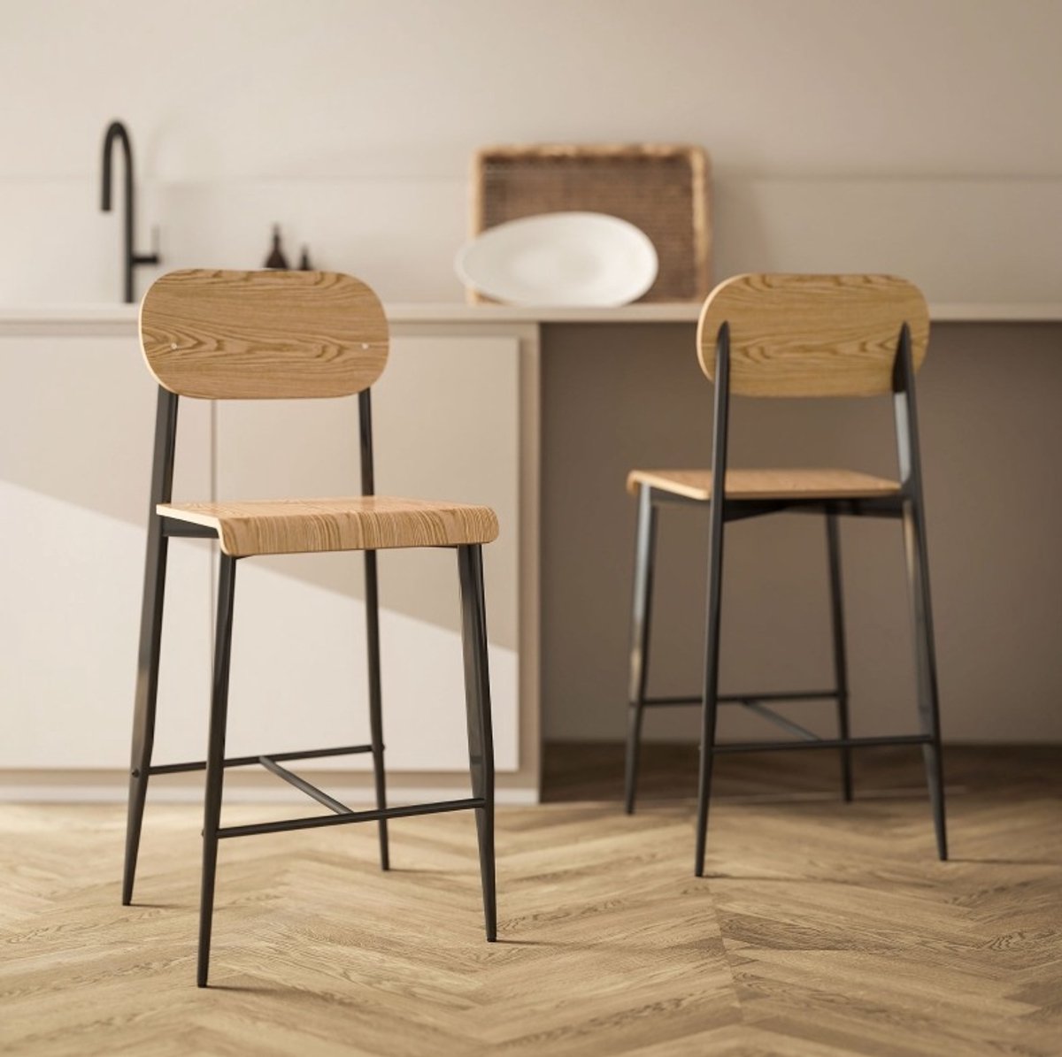 HAUSS SPOLE Barkruk - Set Van 2 - Met Rugleuning, Voetsteun En Metalen Frame - Voor Keuken, Eethoek En Huisbar - Houtlook Zwart
