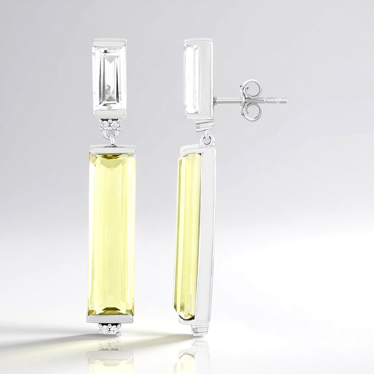 Cavill - Luxe Zilveren Oorbellen - 925 Sterling Zilver - Limoenkwarts 13,62 ct & Witte Kwarts 2,70 ct - Zirkonen 0,12 ct - Elegant Baguette Slijpsel