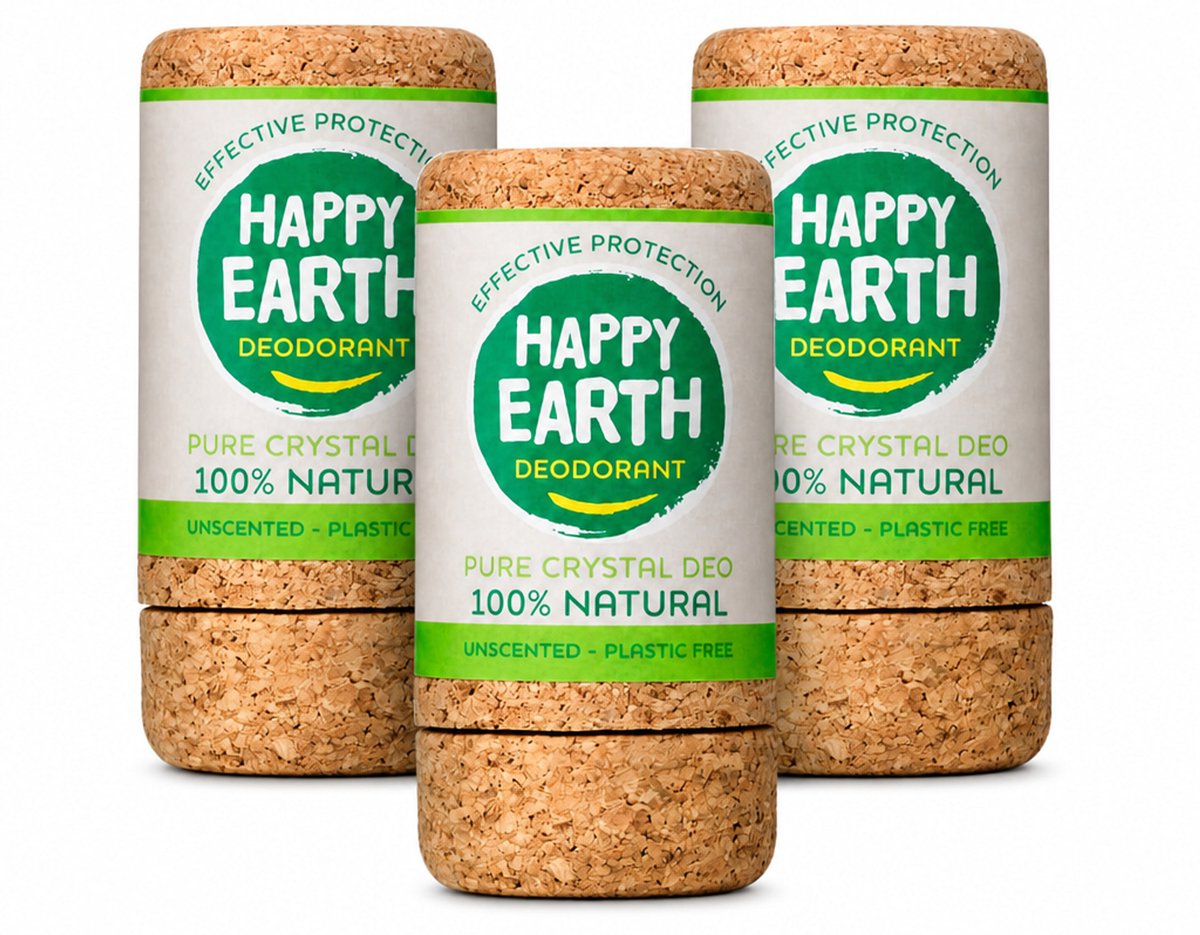 3 x Happy Earth – Deodorant Crystal – 100% Natuurlijk Unscented – 90 g - Voordeelverpakking - 3 stuks