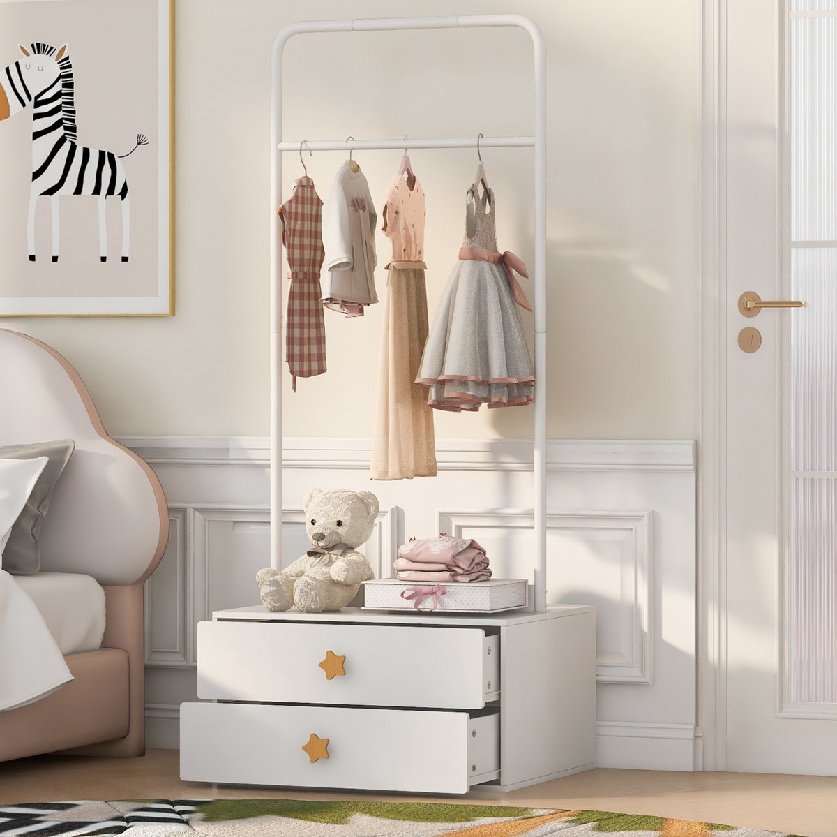 REDOM - Kledingrek met lades - 1 hangstang en 2 lades - Stervormige handgrepen - Moderne kinderstijl - Kinderkamer en kleedruimte - MDF en metaal - Wit - 70 x 55 x 168 cm