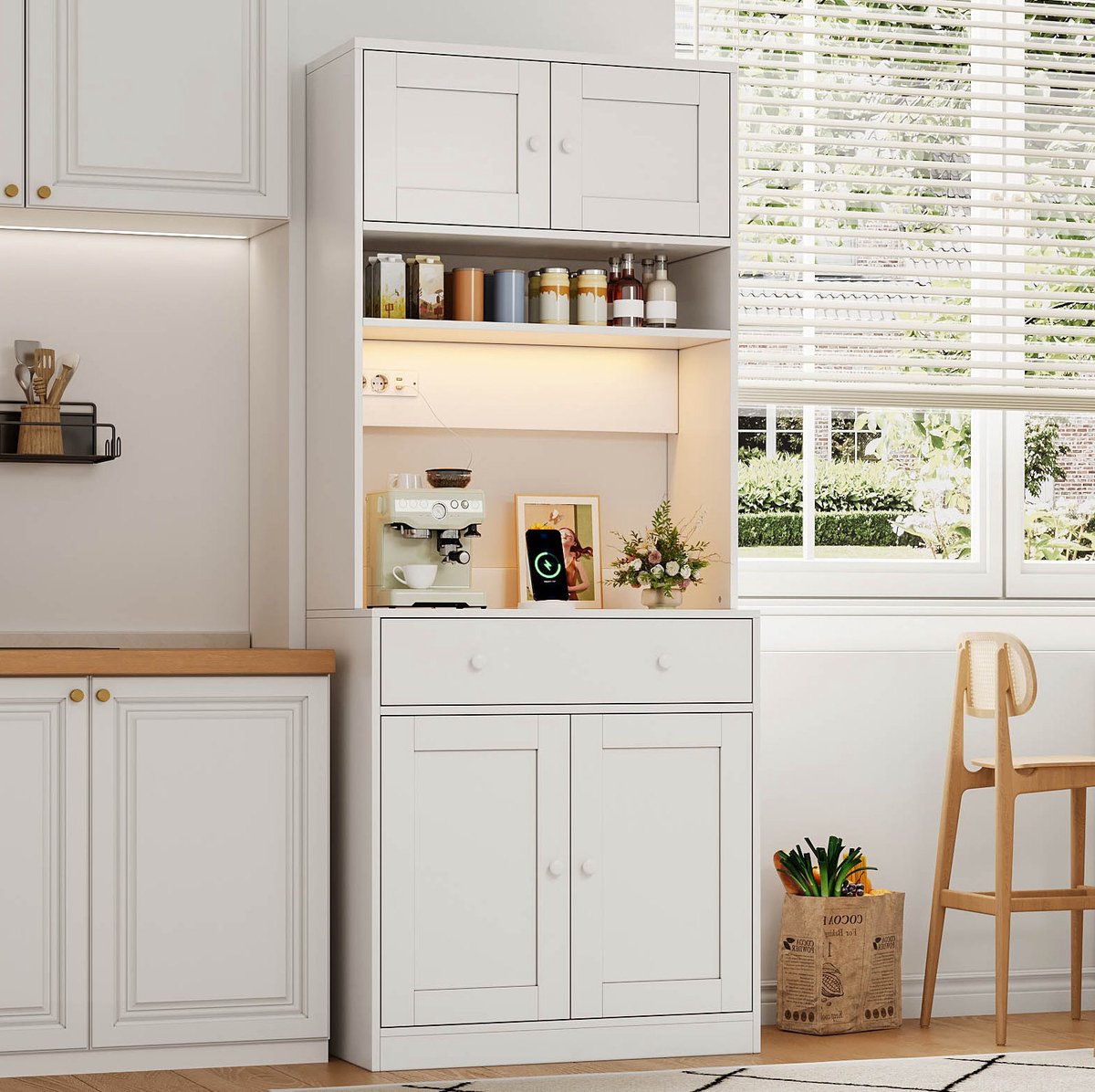REDOM - Keukenkast - Hoge kast met LED en stopcontact - Opbergrek met lade en dubbele deuren - MDF - Wit - 72 x 40 x 180 cm