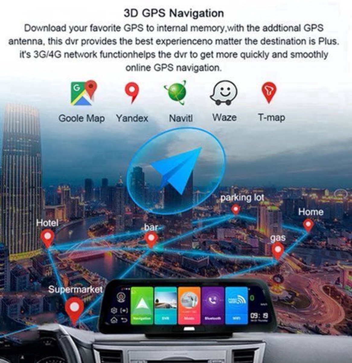 Dashcam voor Auto - 10” Android 8.1 Dashcam - IPS Touchscreen - ADAS Rijhulp - GPS Navigatie - WiFi - Dual Camera 1080P - Parkeermodus - G-Sensor - 4G 6m Camera aan de Achterkant - Zwart