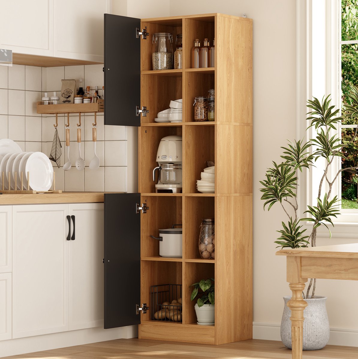 REDOM - Keukenkast - Hoekkast met 6 open vakken en 2 deuren - Verstelbare legplanken en kipbeveiliging - MDF - Antraciet - Eiken - 50 x 35,5 x 170 cm