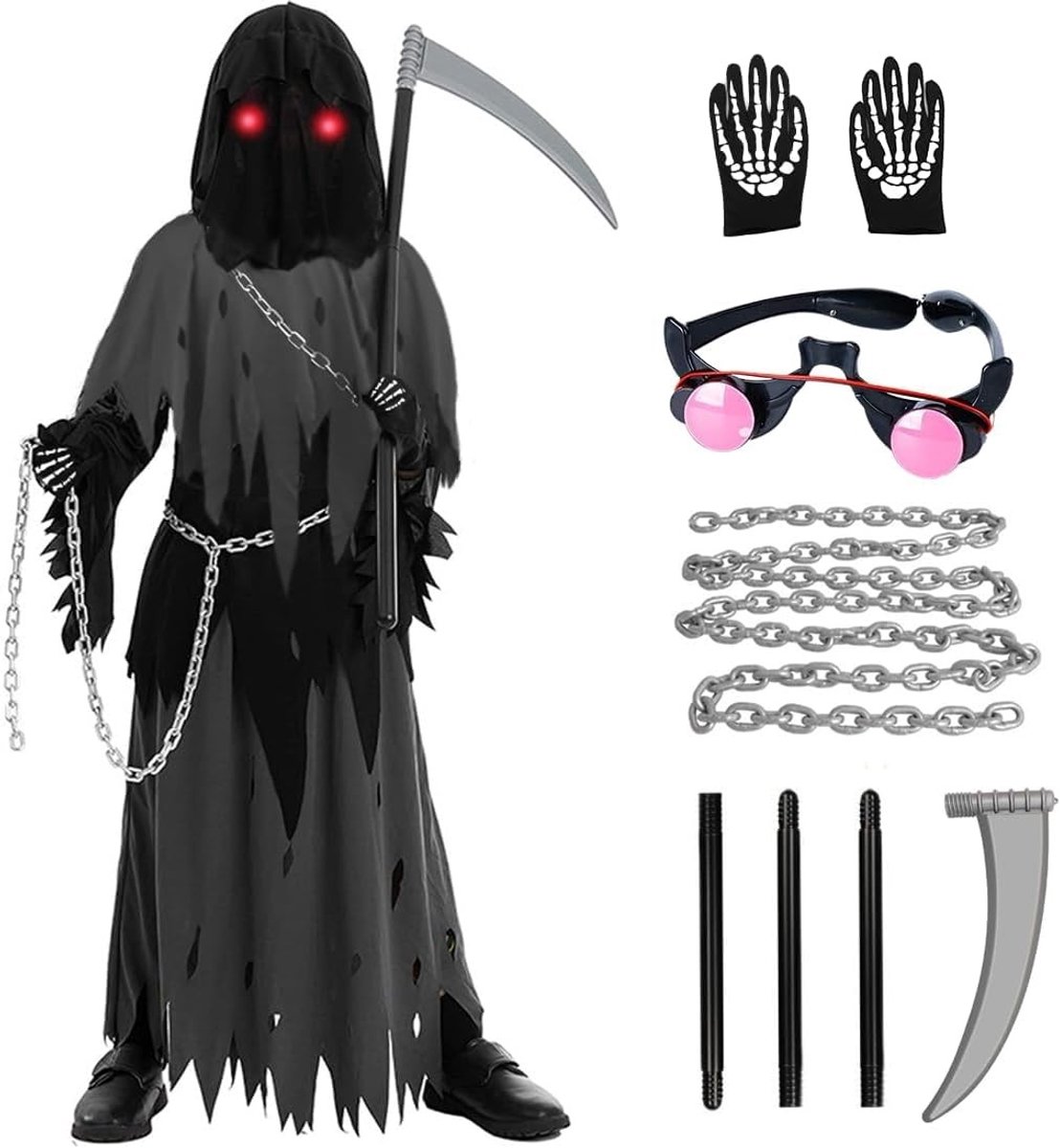 Angstige Halloween Doodsjurk met Bril en Skelethandschoenen voor Feestjes en Theateruitvoeringen, Perfect voor Halloween en Kostuumfeestjes