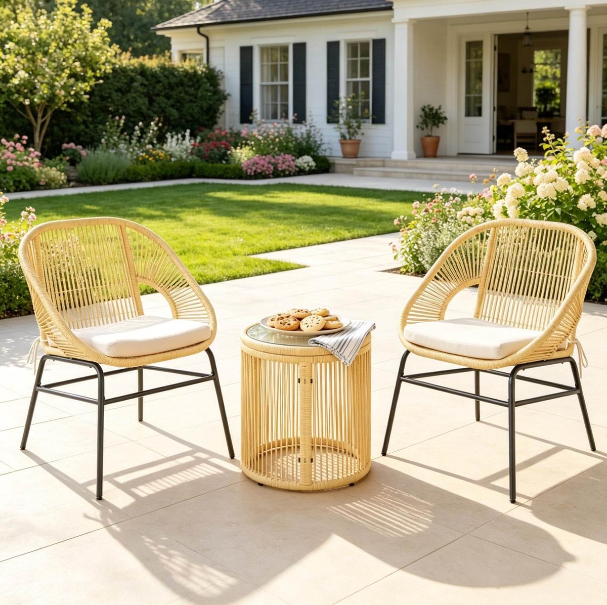 Bistroset Voor 2 Personen Beige - Ronde Tafel Met Glazen Blad - Comfortabele Stoelen Met Kussens - Voor Balkon En Tuin - Staal En Kunstrotan