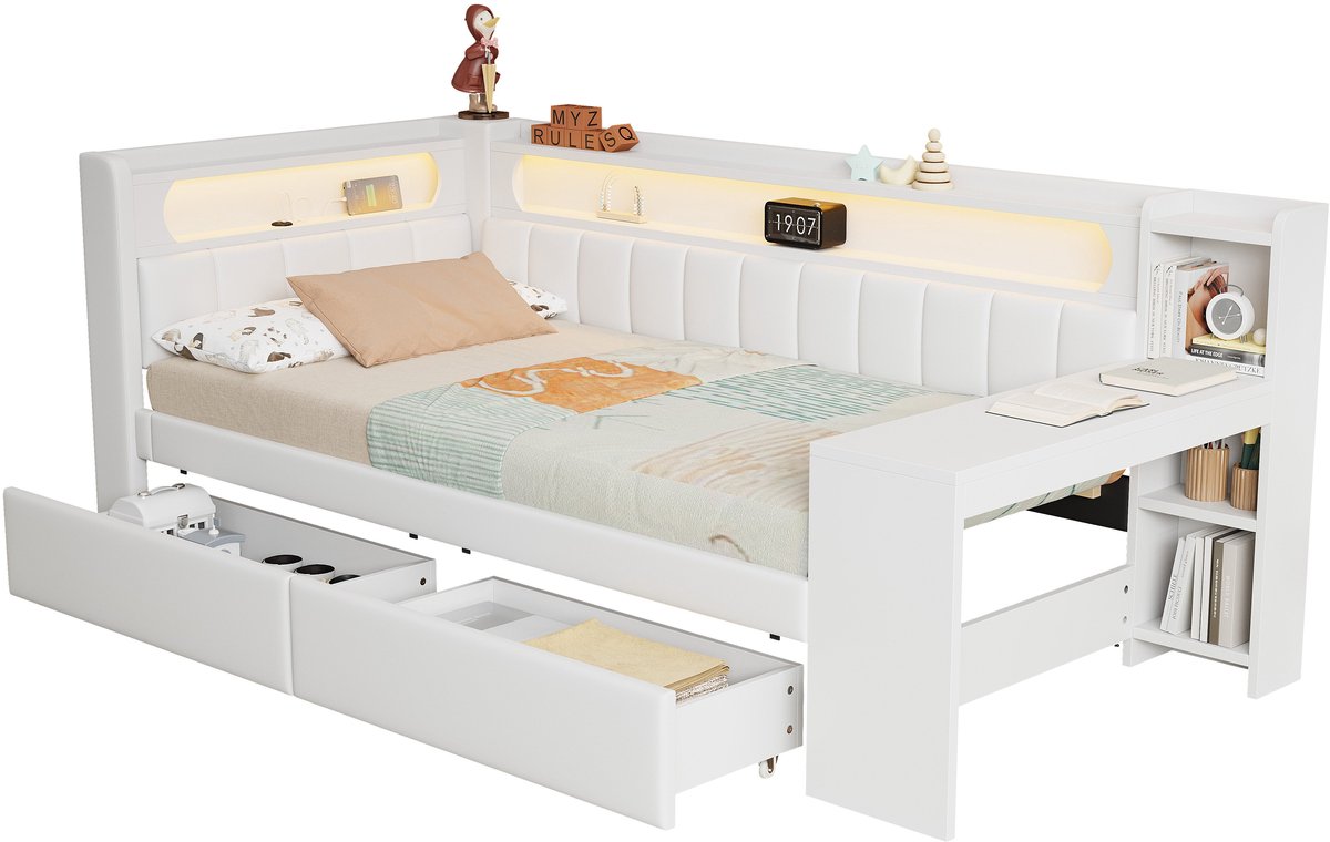 Merax Slaapbank 90x200 - Gestoffeerd Bed met Bureau - 2 Opberglades - Houten Lattenbodem - LED Verlichting met Afstandsbediening - USB Aansluiting - Linnen - Wit