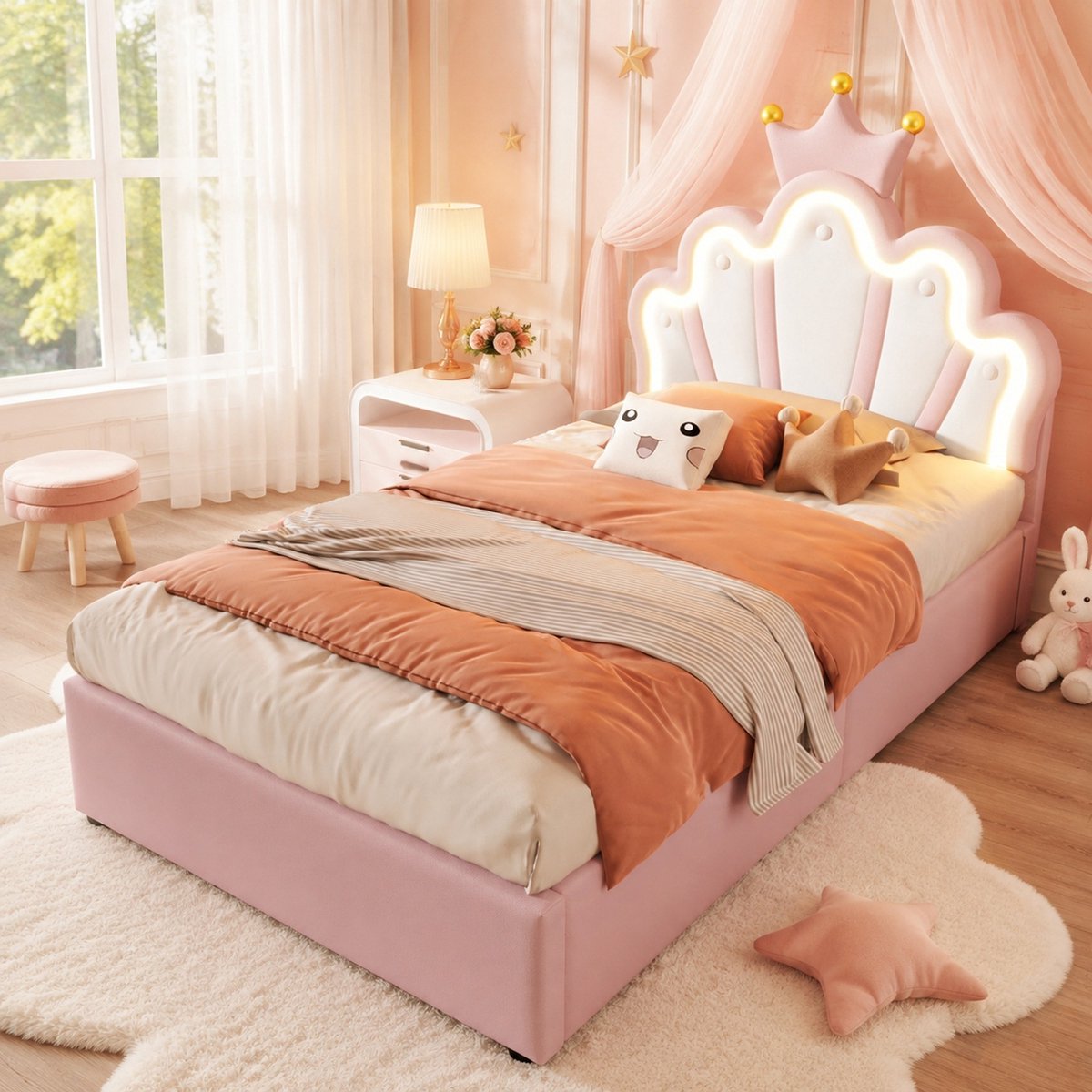 COVREO Polsterbed met LED-verlichting en opbergruimte – 90 x 200 cm – Verstelbaar hoofdeinde in kroonvorm – Eenpersoonsbed – Roze - zonder matras
