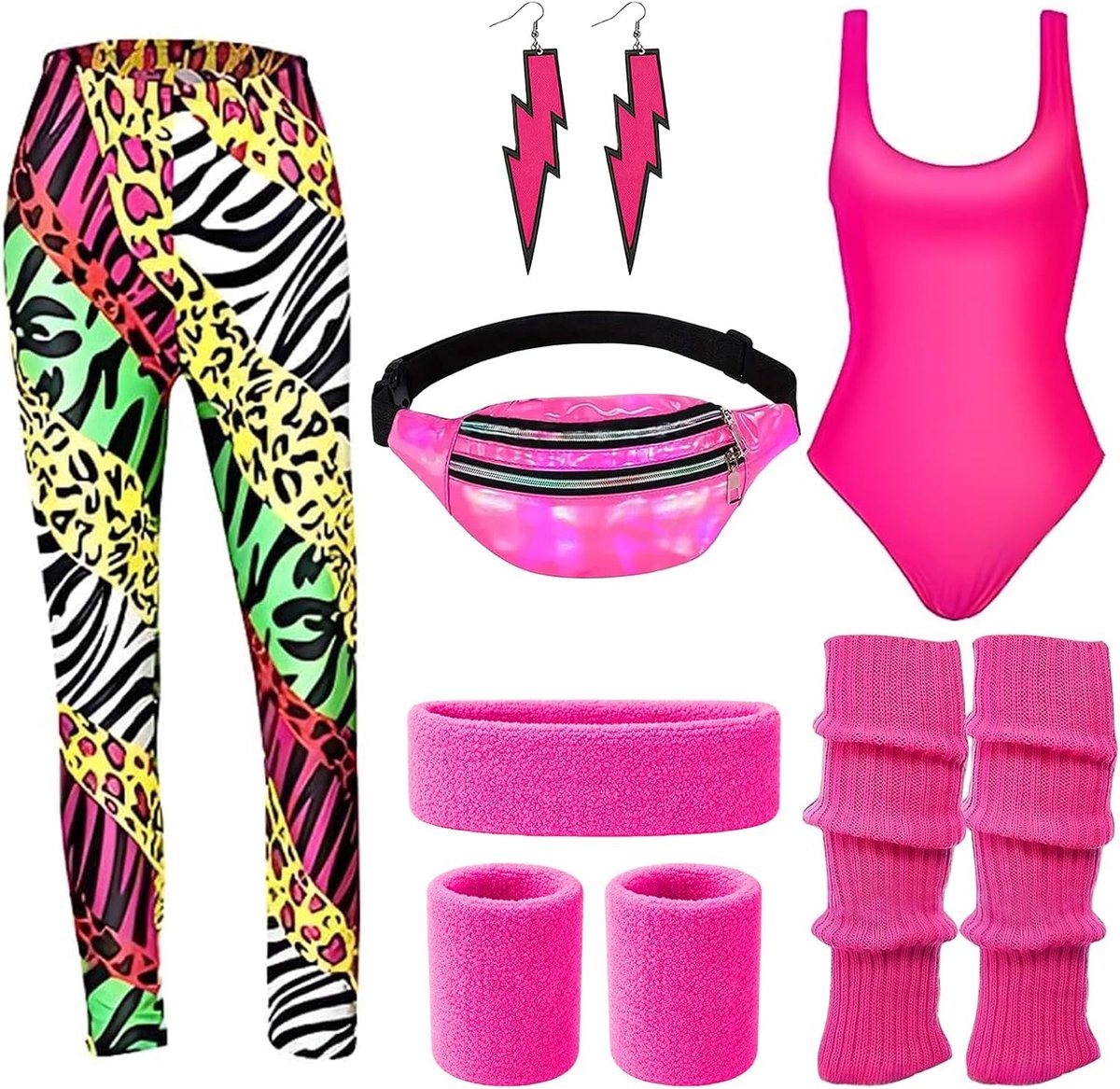 80s outfit voor vrouwen, retro workout kostuum, 80s en 90s kleding met haarband, armbanden, beenwarmers en heuptas