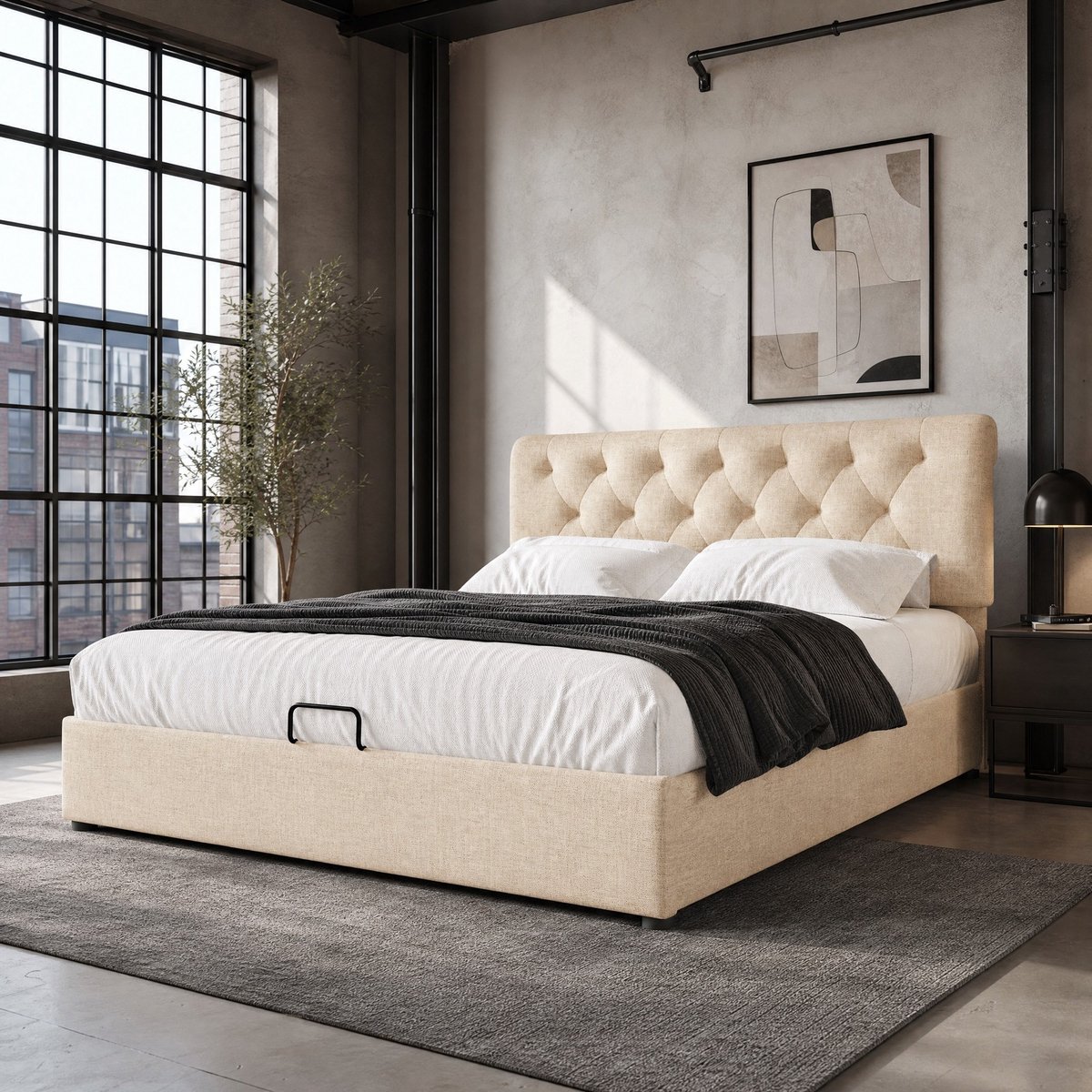 COVREO Bed met verstelbaar hoofdeinde – 160x200 cm – Tweepersoons bedframe met opbergruimte – Gestoffeerd slaapmeubel met lattenbodem – Naturel - zonder matras Natuurlijk