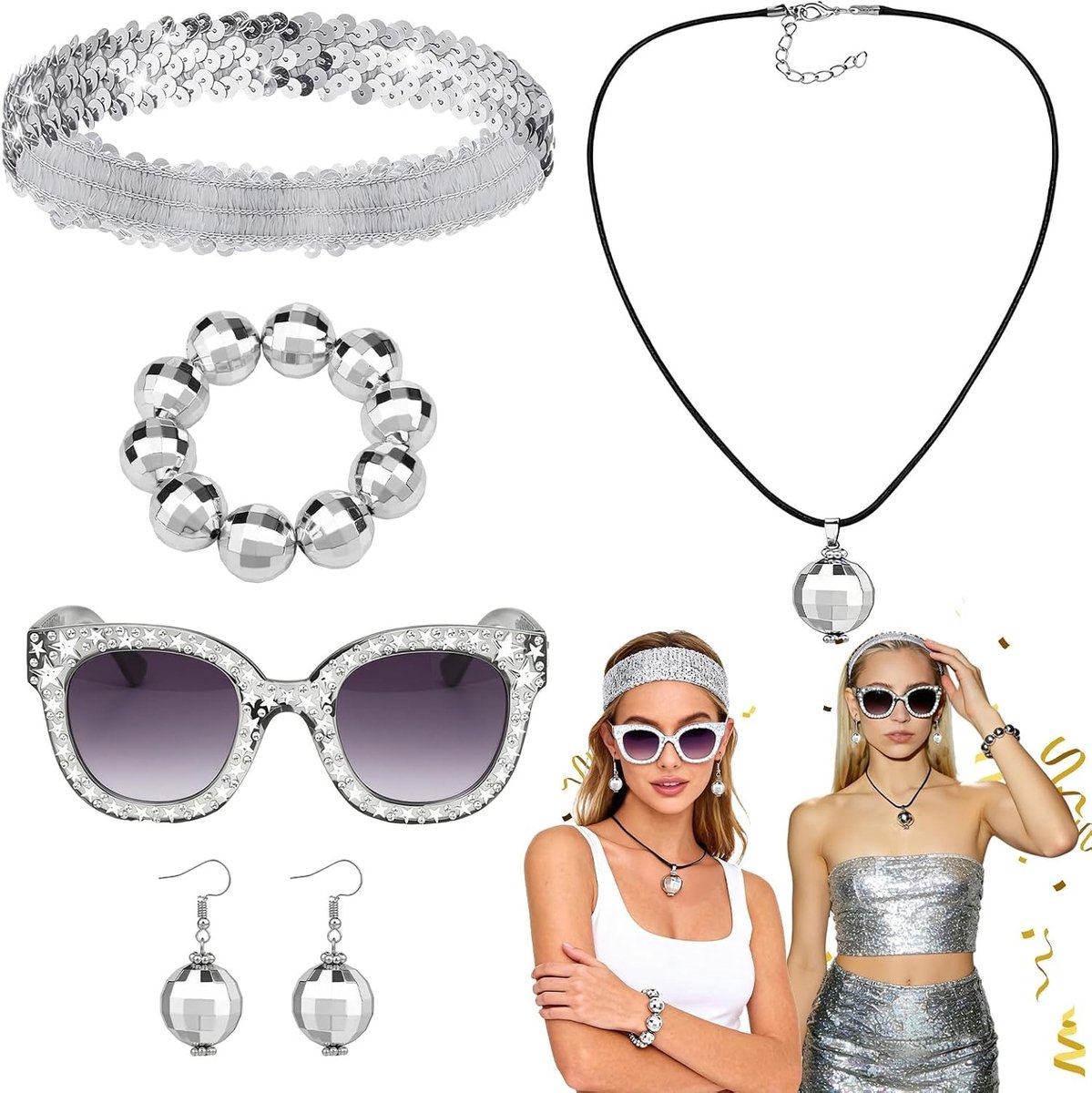 Vijfdelige set met disco accessoires voor 70s outfits, inclusief zonnebril, armband, oorbellen, haarband en ketting voor carnaval en themafeesten