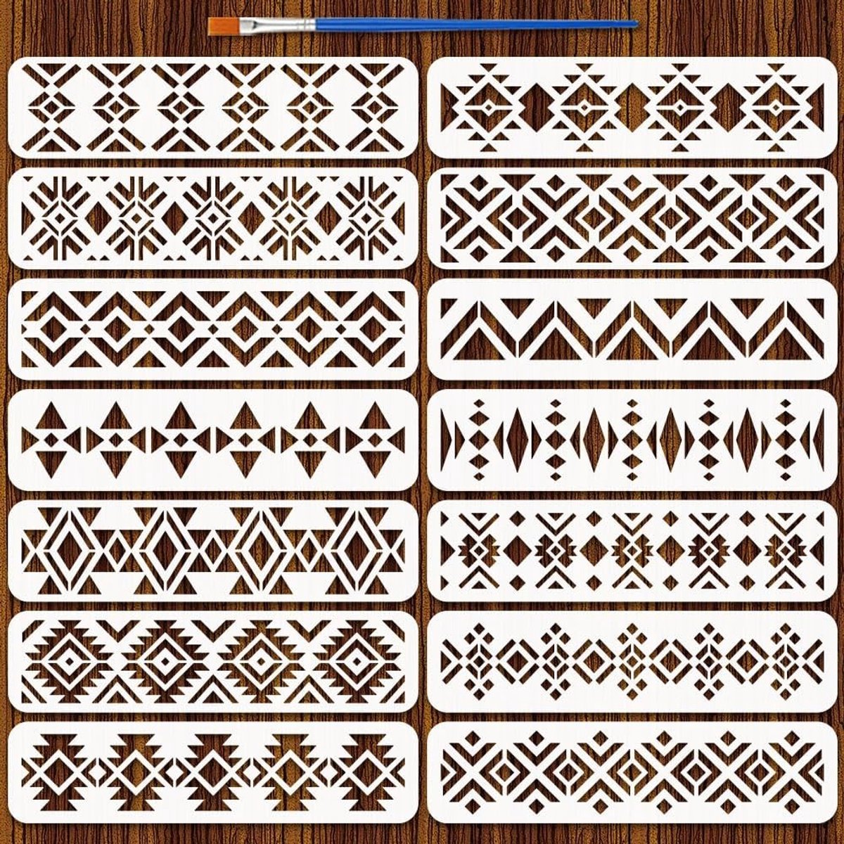 14 Stuks Aztec Decoratieve Rand Sjablonen met Kwast - 300x75mm, Diverse Aztec Patroon Ontwerpen voor Schilderen op Houten Vloer en Muur
