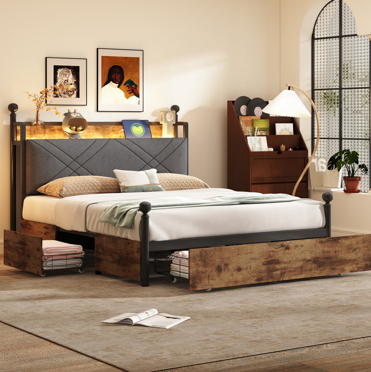 COVREO Hemelbed met opbergruimte en LED – 140x190 cm – Dubbel bedframe met USB/Type-C en 3 lades – Volwassenen – Zwart - zonder matras