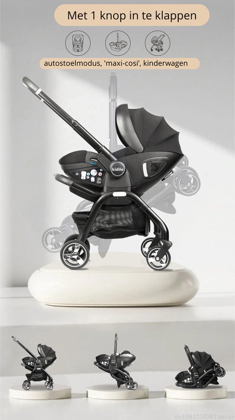 Zwarte kinderwagen/autostoel die met één knop kan worden ingeklapt, met weergaven van autostoelmodus, maxi-cosi en kinderwagen.