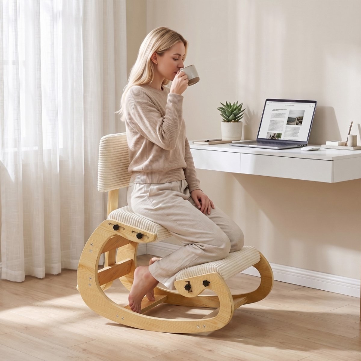 Ergonomische Kniestoel Met Rugleuning En Schommelbeweging Voor Thuis En Kantoor Comfortabel En Stabiel Van Ribstof Creme Wit