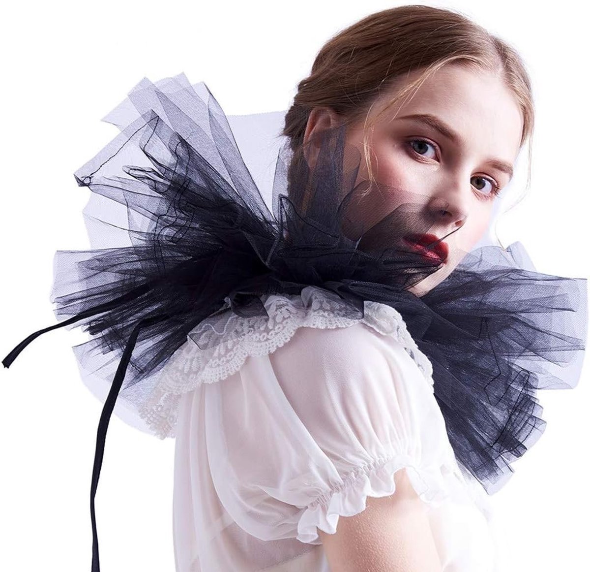 Victoriaanse Tulle Ruffle Kraag voor Renaissance Kostuum, Laagjes Clown Kraag, Zwart, One Size, Perfect voor Feestjes en Theatrale Optredens