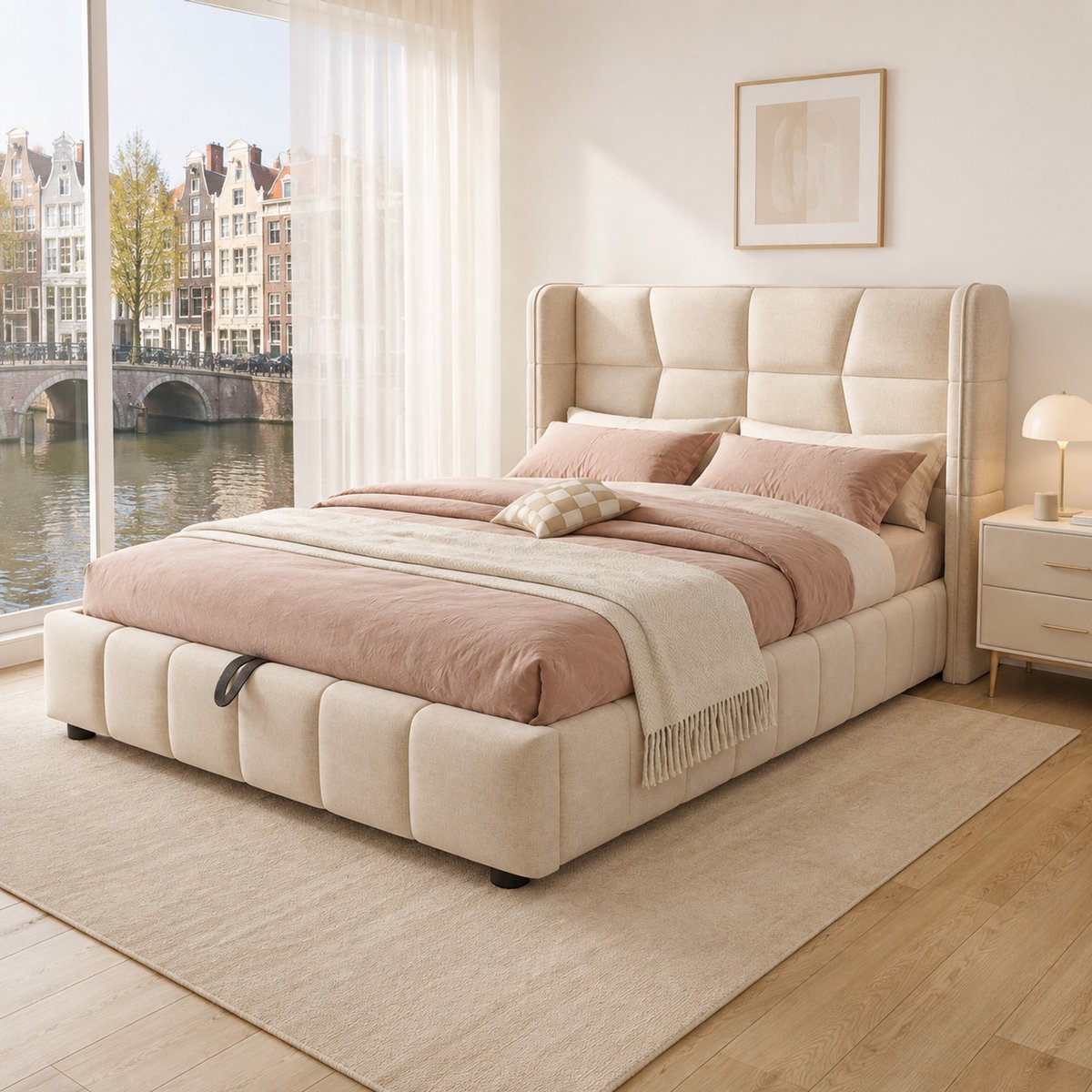WUVRIE Polsterbett 90x200 cm met pneumatisch Stauraumsysteem - Kinderbed in beige stof, standaard eenpersoonsbed