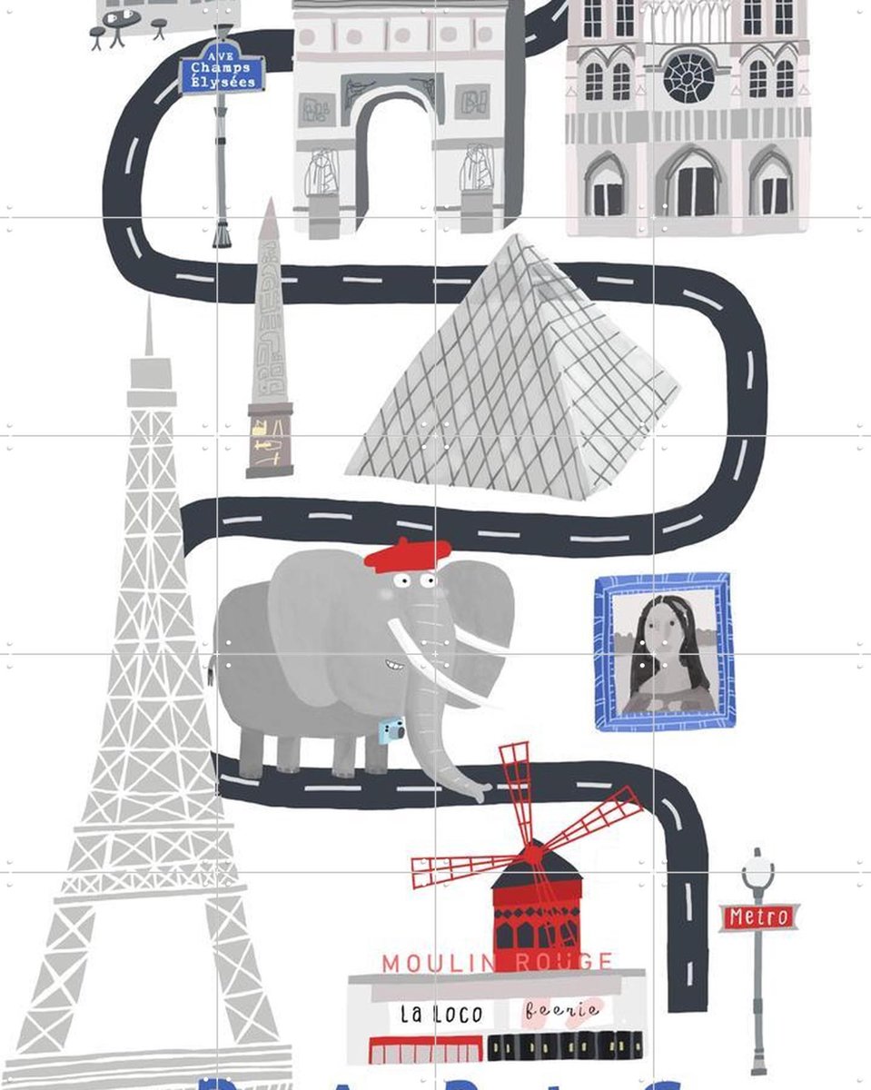IXXI Paris City With Cute Elephant Tourist, Carla Daly - 80 x 100 cm - Gratis ophangtool - Grote wanddecoratie en posters - Illustraties, Cartoonesk
