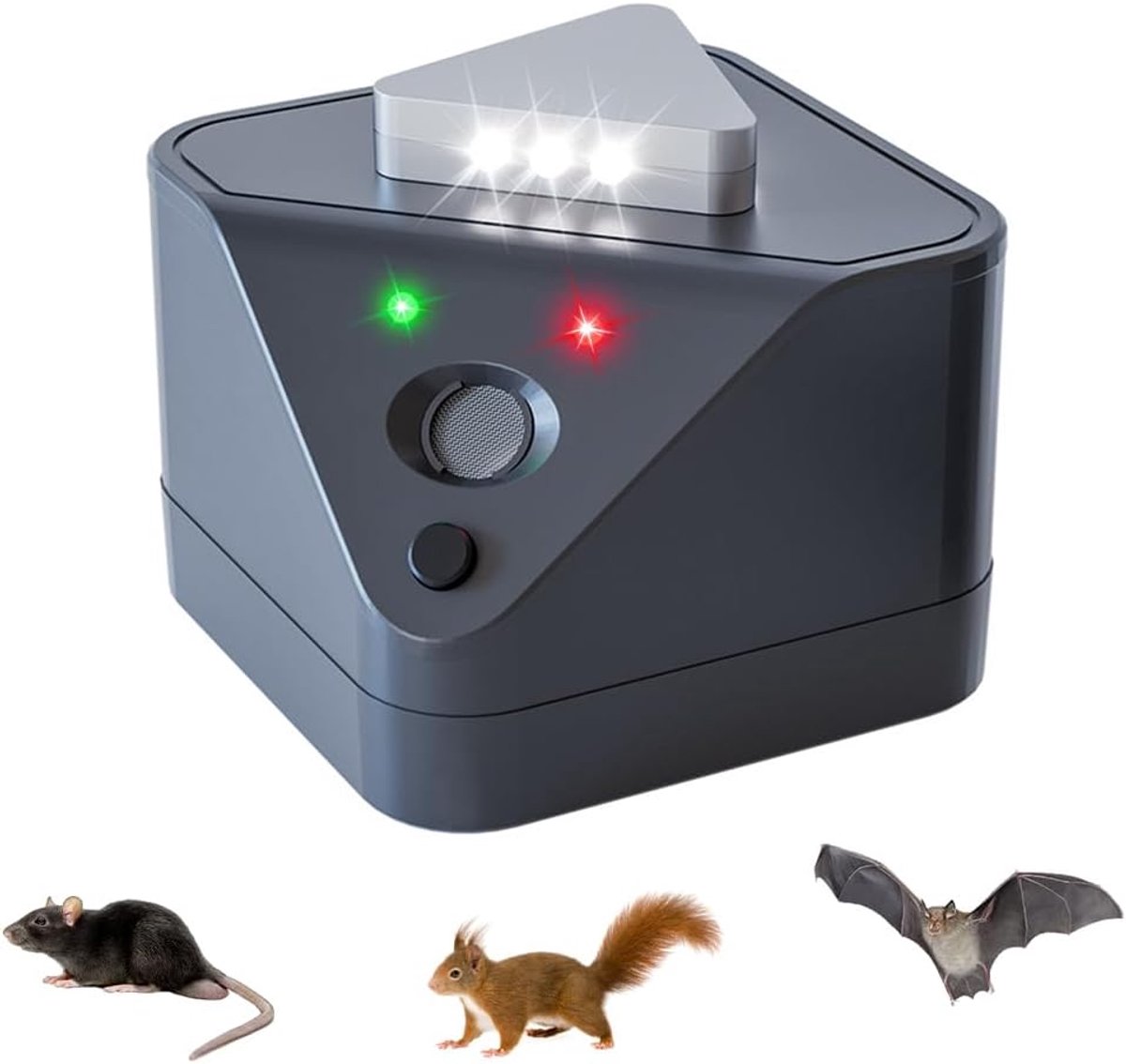 Ultrasone muizenafweer, 360° ultrasone afdekking met 3 leds voor het aansturen van muizen, geluidsloze hoogfrequentiebescherming tegen knaagdieren, ideaal voor zolder, garage, hotel, magazijn