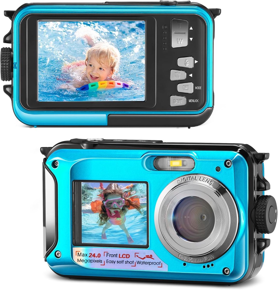 Digitale waterdichte camera, Full HD, 2,7 K, 48 MP, onderwatercamera, digitale zoom, 16 x waterdichte camera met dubbel scherm, camera voor jongeren, studenten, beginners, blauw - 32 GB