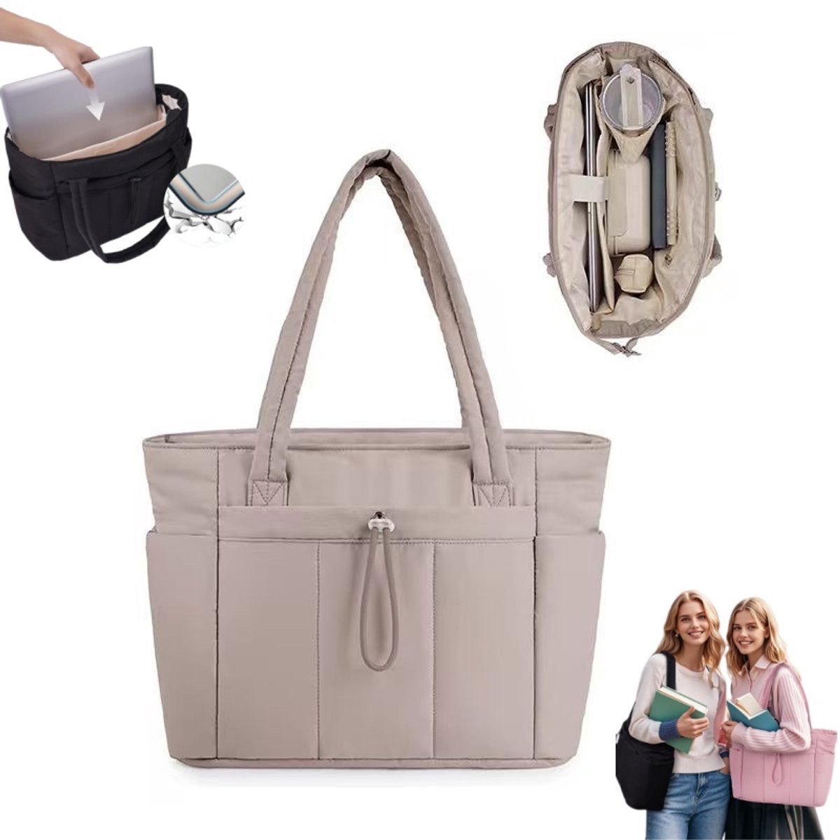 Dameshandtas – Ruime (20 l), stevige shopper / tote – Lichtgewicht reistas / schoudertas – Casual laptoptas – Voorzien van laptopvak (15,6 inch) & geïsoleerd vak voor waterfles (1,18 l) – Geschikt voor werk, school, reizen, winkelen – 40 x 31 x 16 cm