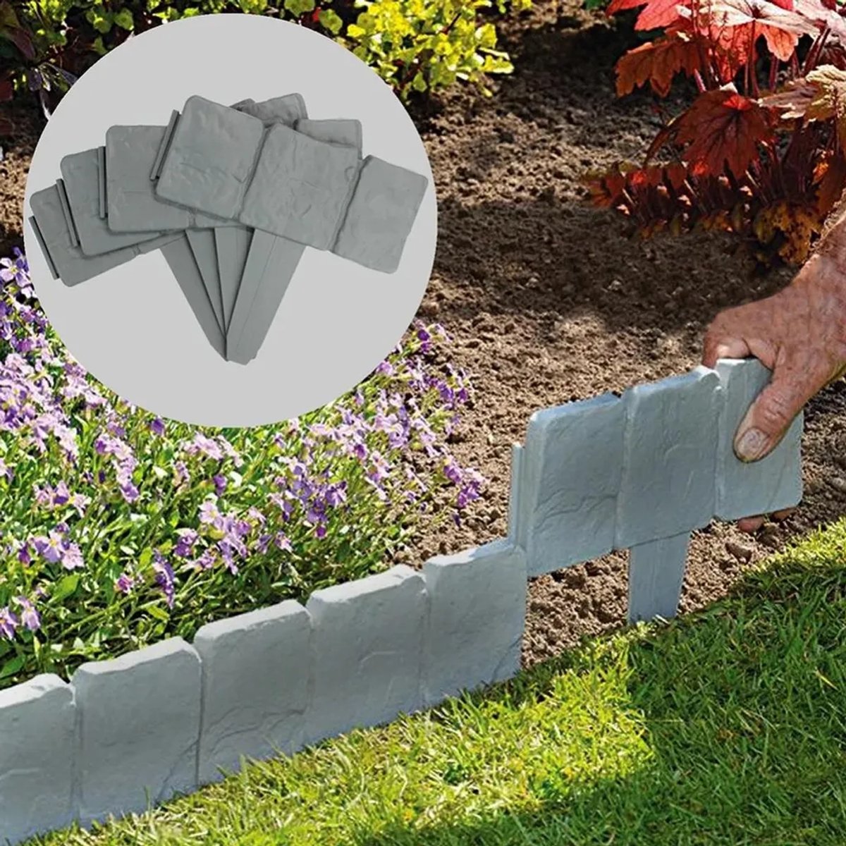 Tuinhekrand, plantenborder van bestrating, plastic effect, gazonrand van bestrating, border, bloembedhek, gazonrand (10 stuks, grijs)