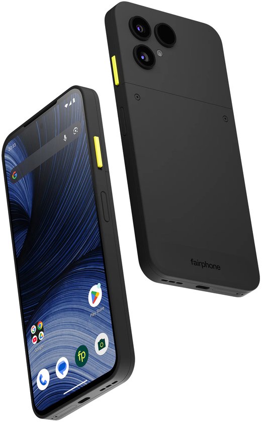 Zwarte Fairphone met een groot scherm en een gele knop. De achterkant met twee camera's ligt ernaast.