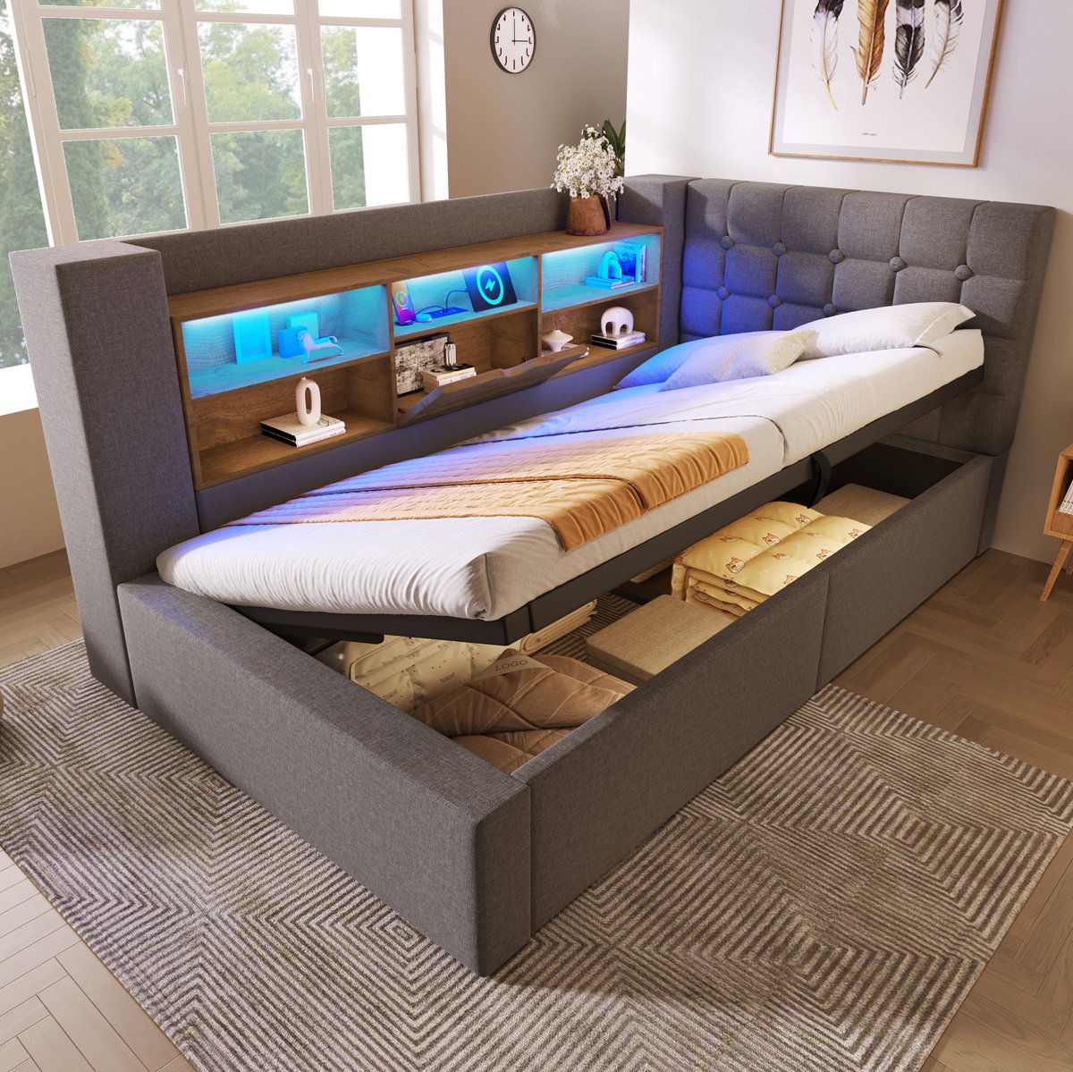 COVREO Bed met LED en opbergruimte – 90x190 cm – Stoffen bed met lattenbodem – L-vormig hoofdeinde en USB-C – Grijs - zonder matras