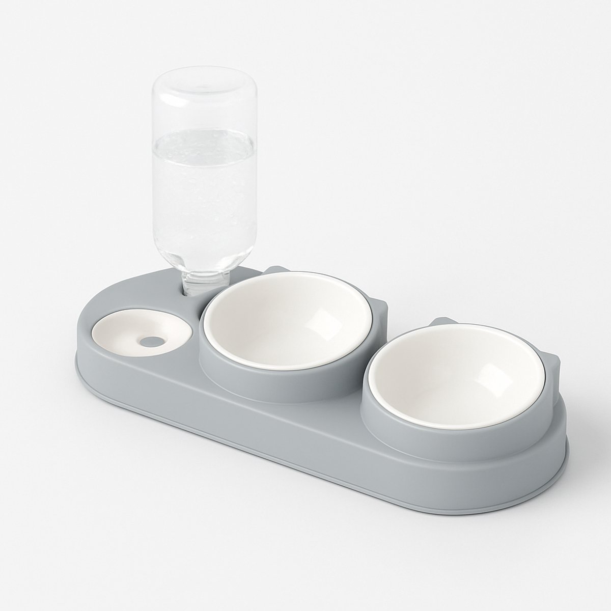 Ibenzoa ® 3-in-1 keramische kattenbakset - Voer- en waterdispenser - 15° schuin design - Grijs - Automatisch water - 2 kommen - Voor katten