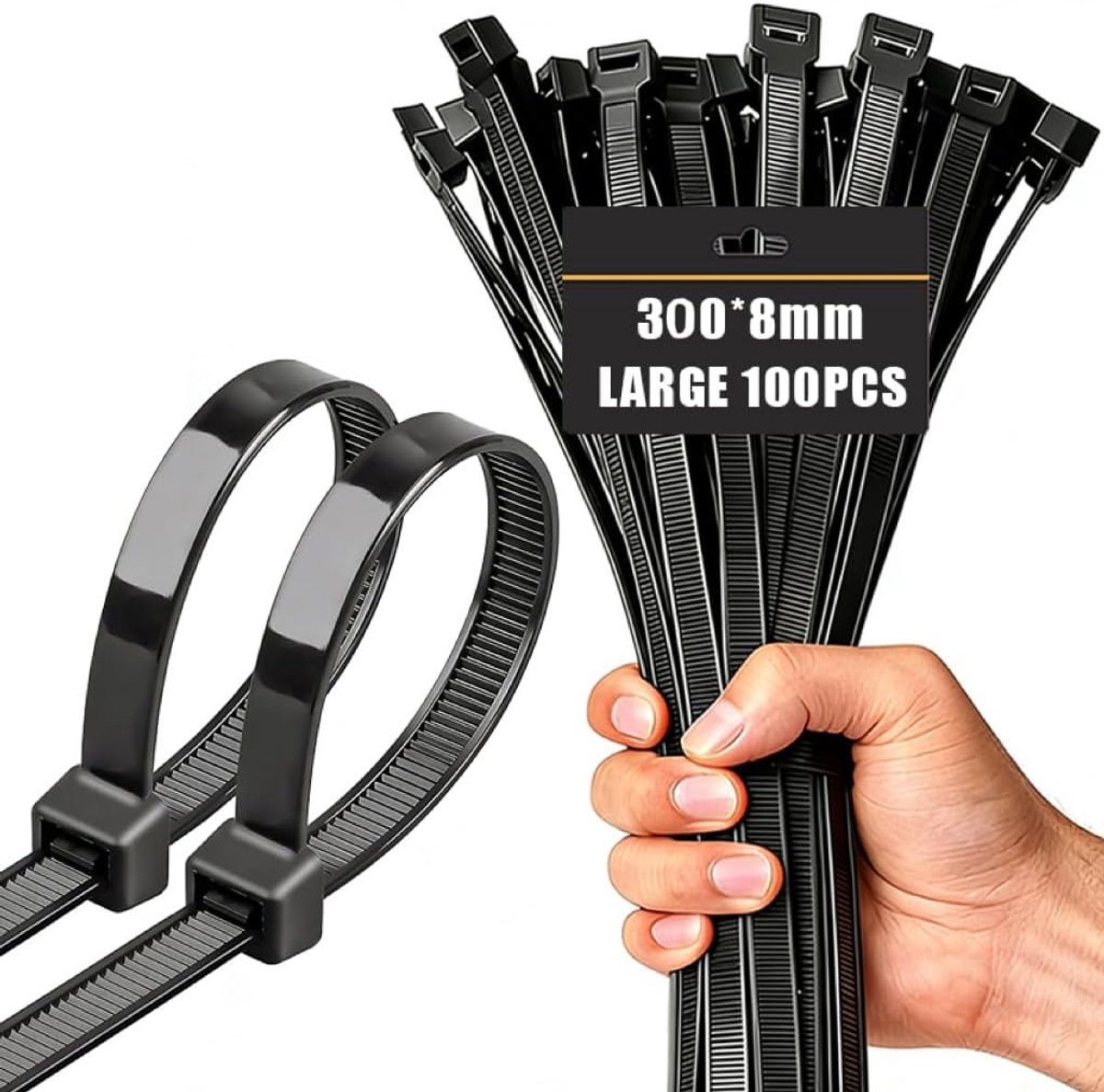 100 stuks grote lange kabelbinders, 300 mm x 8 mm, UV-bestendig, ultrasterke kabelbinders met 80 kg treksterkte, zwart - ShopVlot