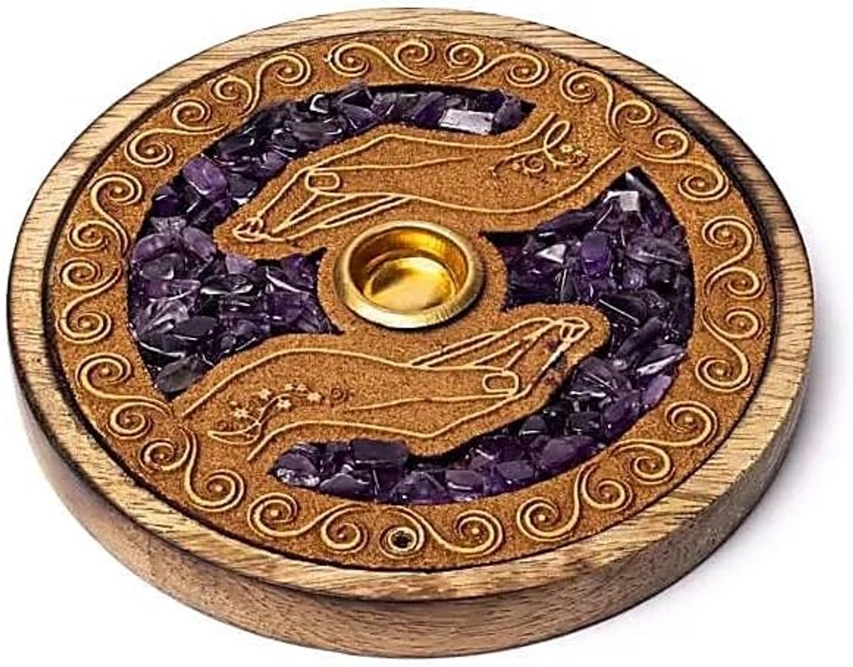 Wierookstokjeshouder, helende handen met amethist van mangohout, 10 x 1 cm, 65 g – wierookstokjeshouder voor - ShopVlot