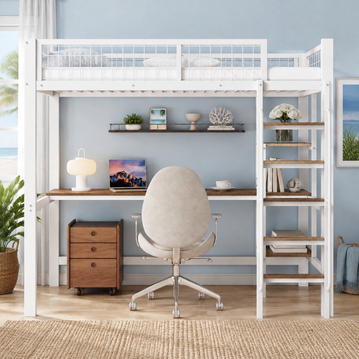 COVREO Hoogslaper met bureau – 90x200 cm – Bedframe met ladder en planken – Kinderbed voor slaapkamer – Wit naturel - zonder matras