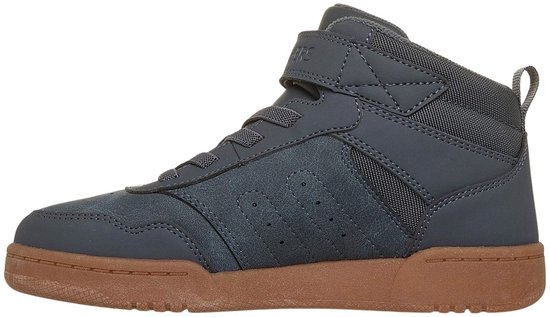 Zijaanzicht van grijze Skechers veterboots met klittenband en bruine zool.