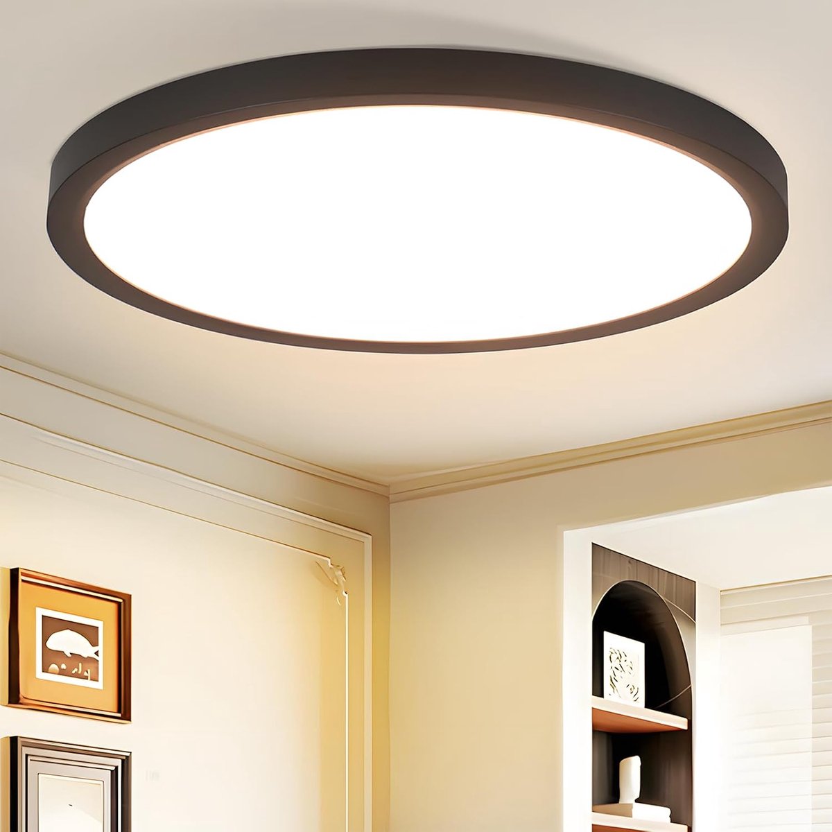 Plafondlamp LED Plafondlamp Plat - 23CM Ronde Badkamerlamp 18W Zwarte Slaapkamerlamp 3000K Warm Wit Moderne IP44 Waterdichte Badkamerlamp Plafond voor Badkamer Slaapkamer Keuken