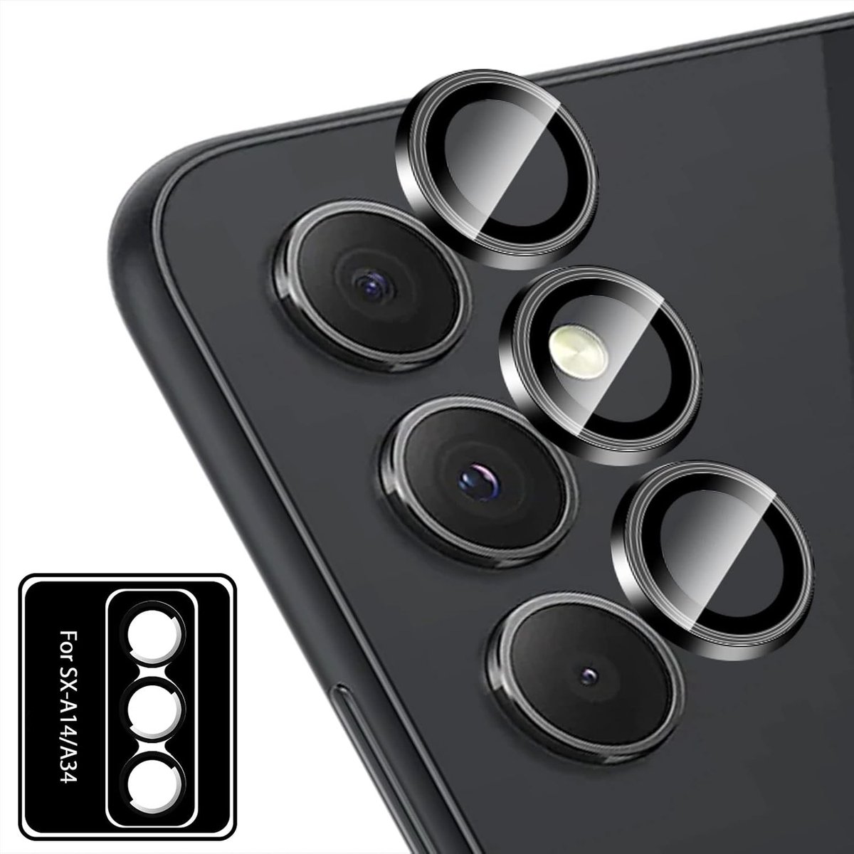 compatibel met Samsung Galaxy A14 5G / A34 5G, ultrarobuust HD gehard glas, 9H hardheid, krasbestendig, camerabescherming film - zwart