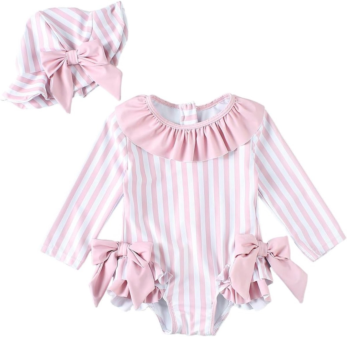 Badpak voor babymeisjes, met strepen, schattig, lange mouwen, eendelig, rashguard met zonnehoed, ritssluiting, badkleding, strandmode