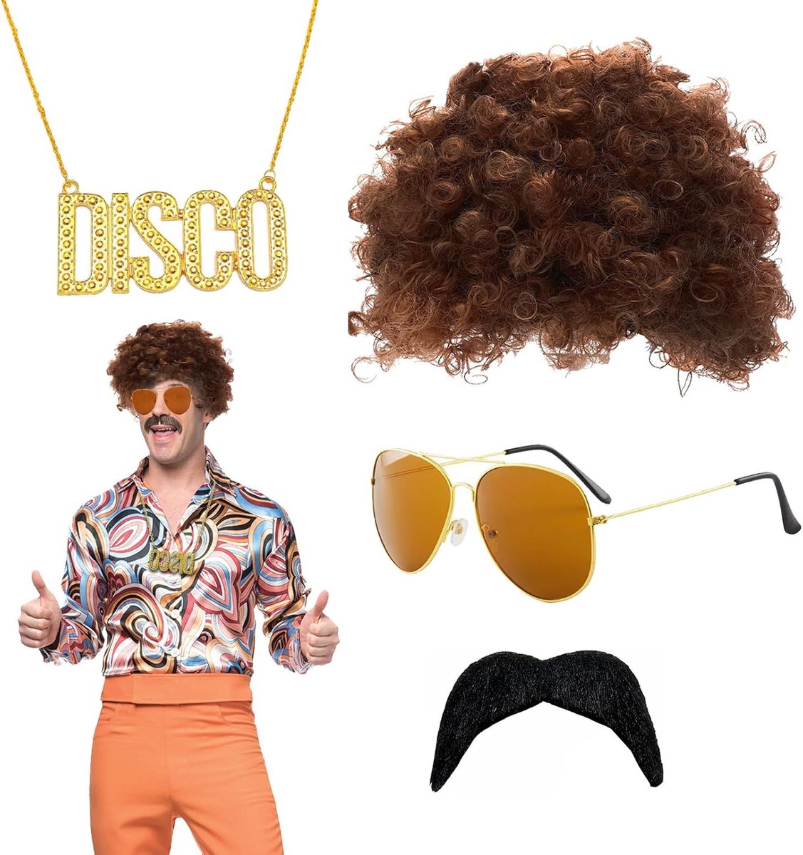 4-delige hippiekostuumset, jaren '70 en 80 verkleedkleding, hippie-outfit, jaren 70-kleding voor heren, Vokuhila-pruik voor heren, afropruik voor jaren 70, disco cosplay, kostuumfeest
