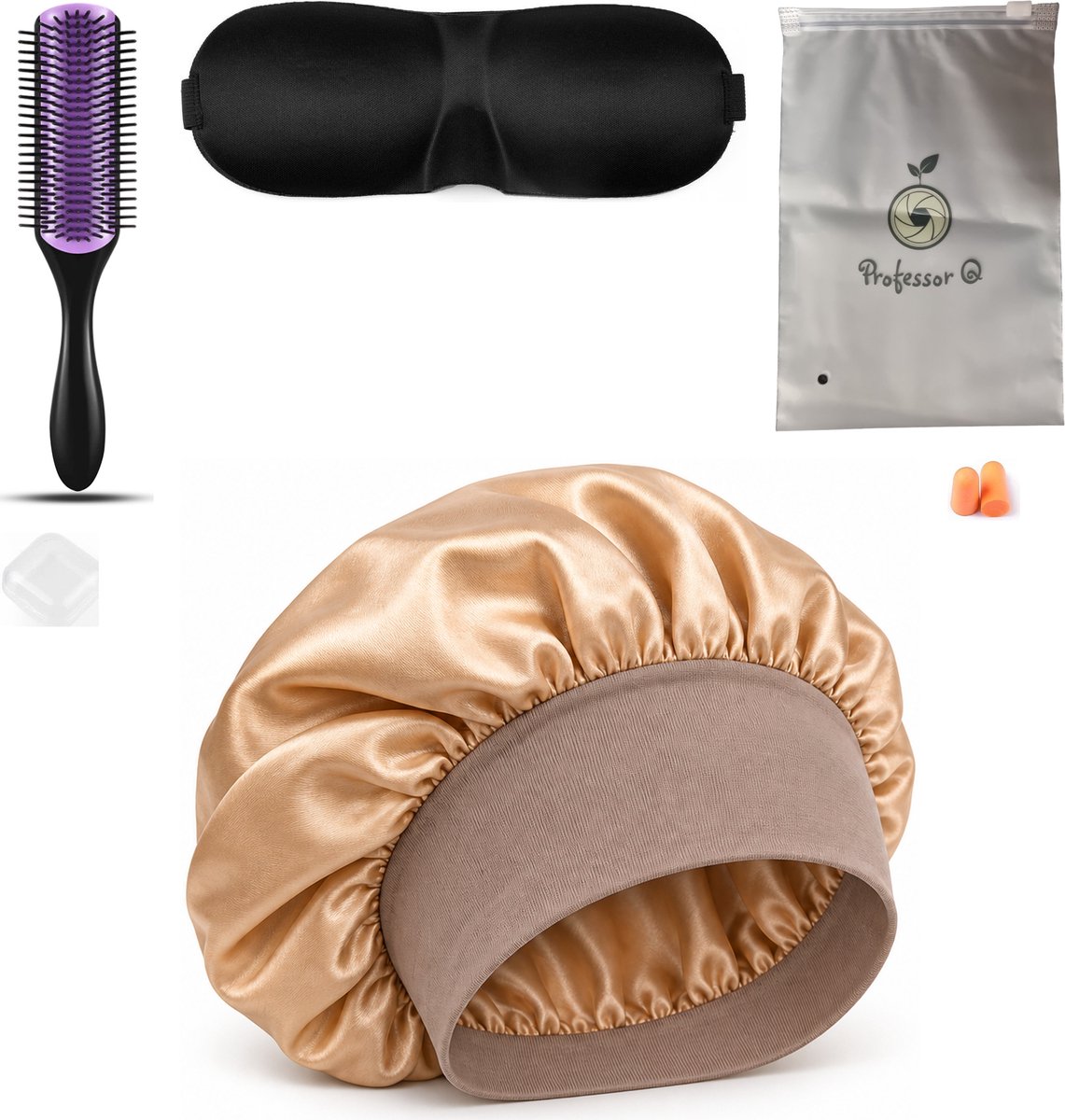 Professor Q Haarverzorgingsset - Bonnet Goud - Purple Black Borstel - Slaapmasker Zwart