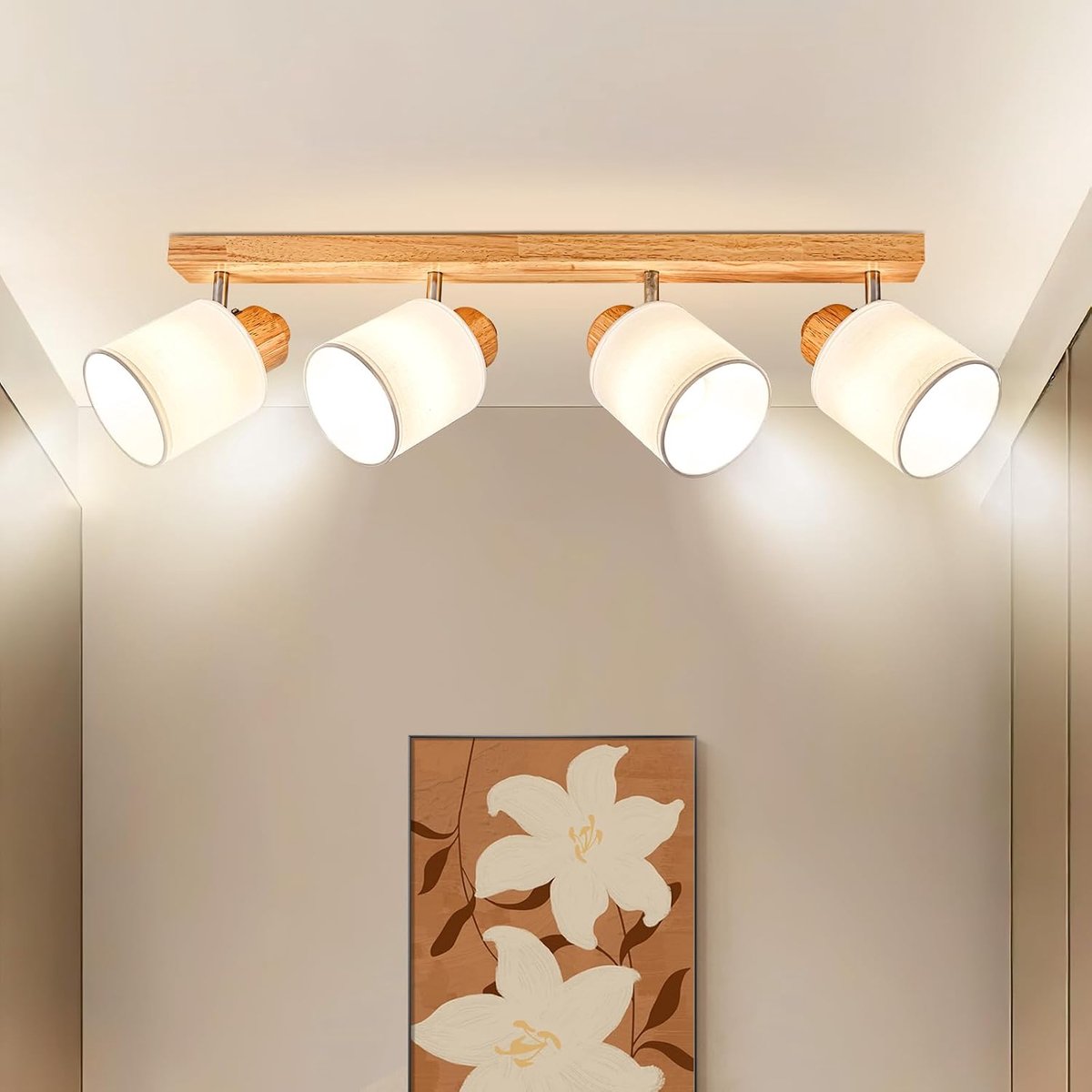 Plafondspot, 4 verstelbare spots, houten plafondverlichting voor interieurs, retro E14 wandlamp voor woonkamer, slaapkamer, keuken, eetkamer, 230 V, zonder lampen