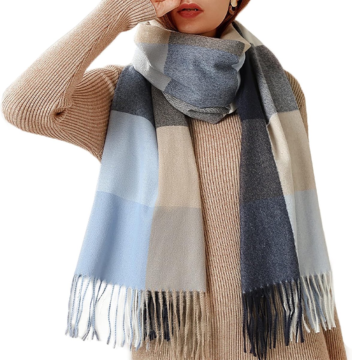 Dames sjaal XXL warme zachte gebreide sjaal geruite wintersjaal herfstsjaal wollen sjaal vrouwen dekensjaal halsdoek poncho cape, hemelsblauw