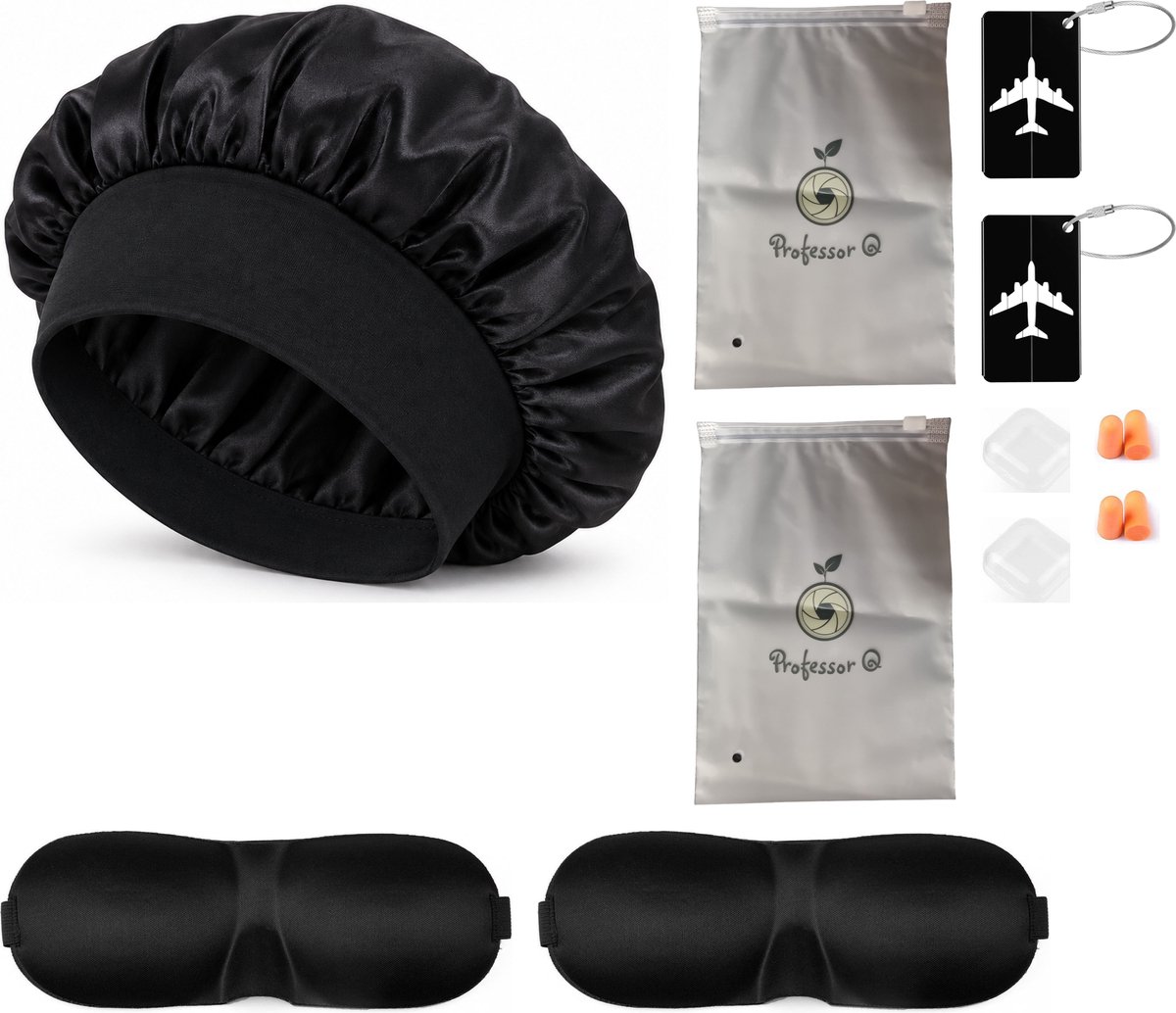 Professor Q Reisset Duo - 2 Aluminium Kofferlabel Zwart - 2 Slaapmasker Zwart - Bonnet Zwart