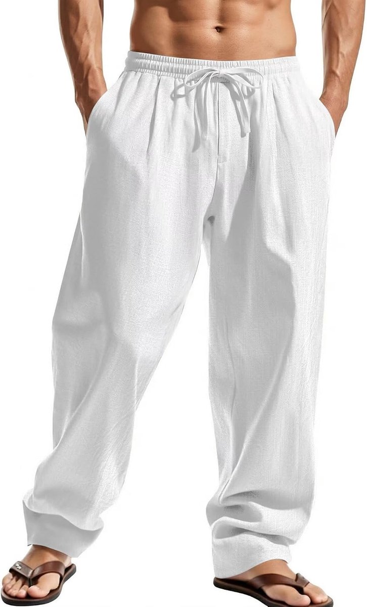 Lange lichte katoenen broek voor heren, casual zomerbroek met elastische tailleband en trekkoord, voor strand, vakantie en dagelijks gebruik
