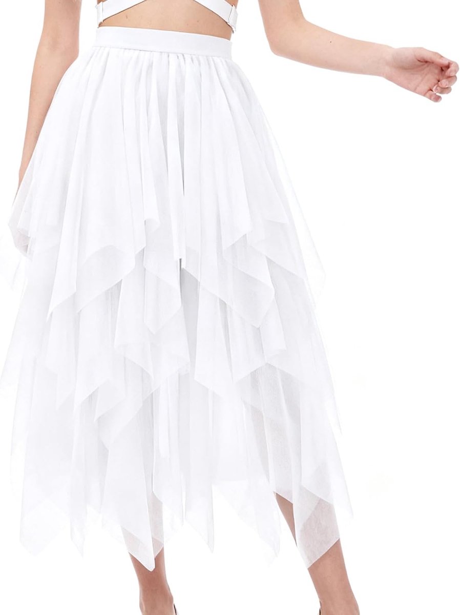 Rok voor dames, A-lijn, hoge getailleerde rok, High Low Layered Puffy rok, elegante onregelmatige tule rok, lange zomerrok, meerlaagse mesh-rok voor eindexamenbal, carnaval